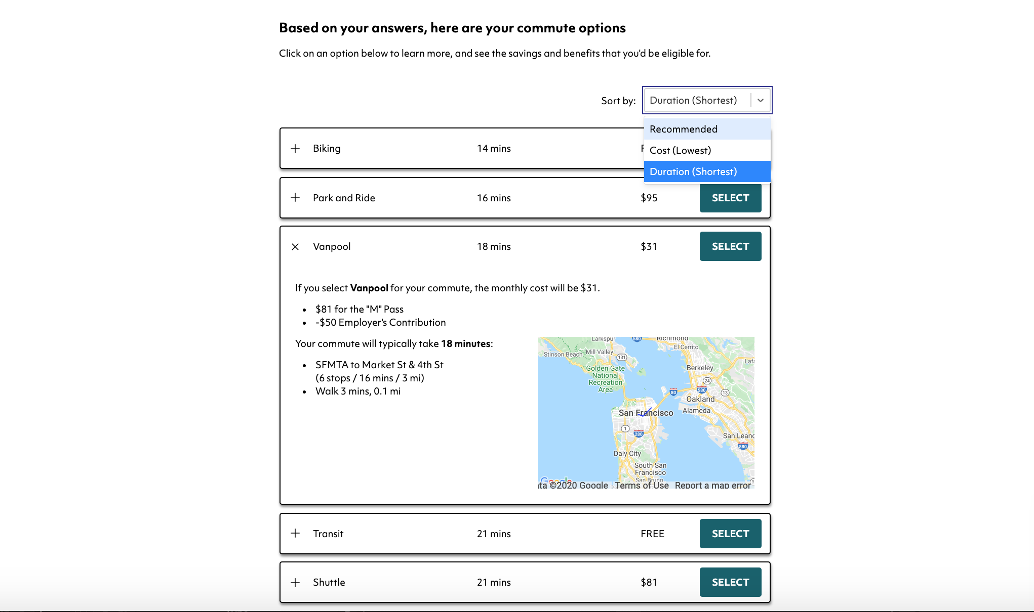 CommuteWise commute option selection page