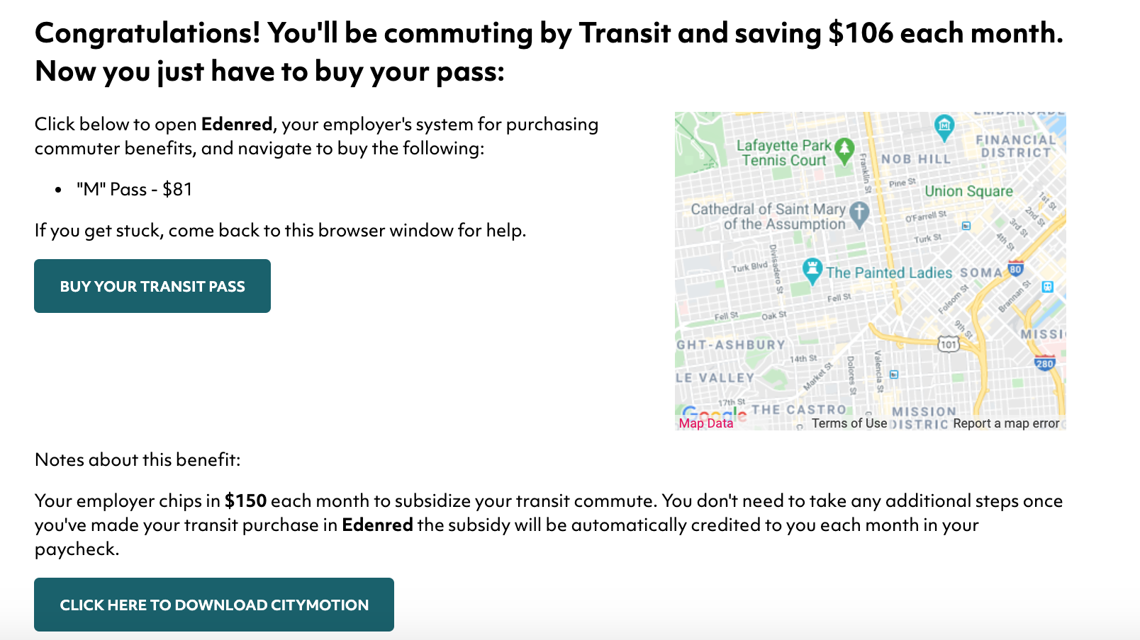 CommuteWise confirmation screen