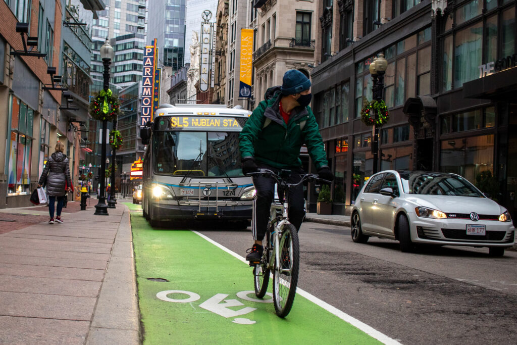 Boston MBTA Bus and Bicyclist