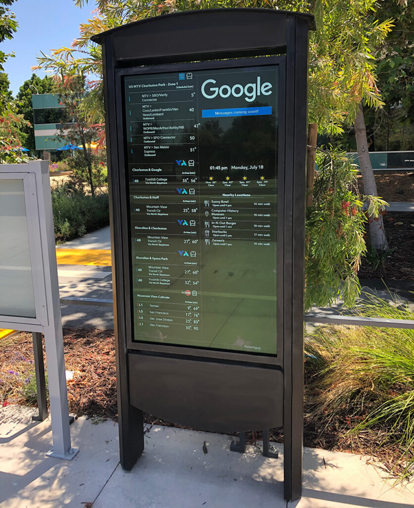 Large digital display at Google's Mountain View Campus showing Actionfigure’s real-time transportation information including busses, trains, and weather